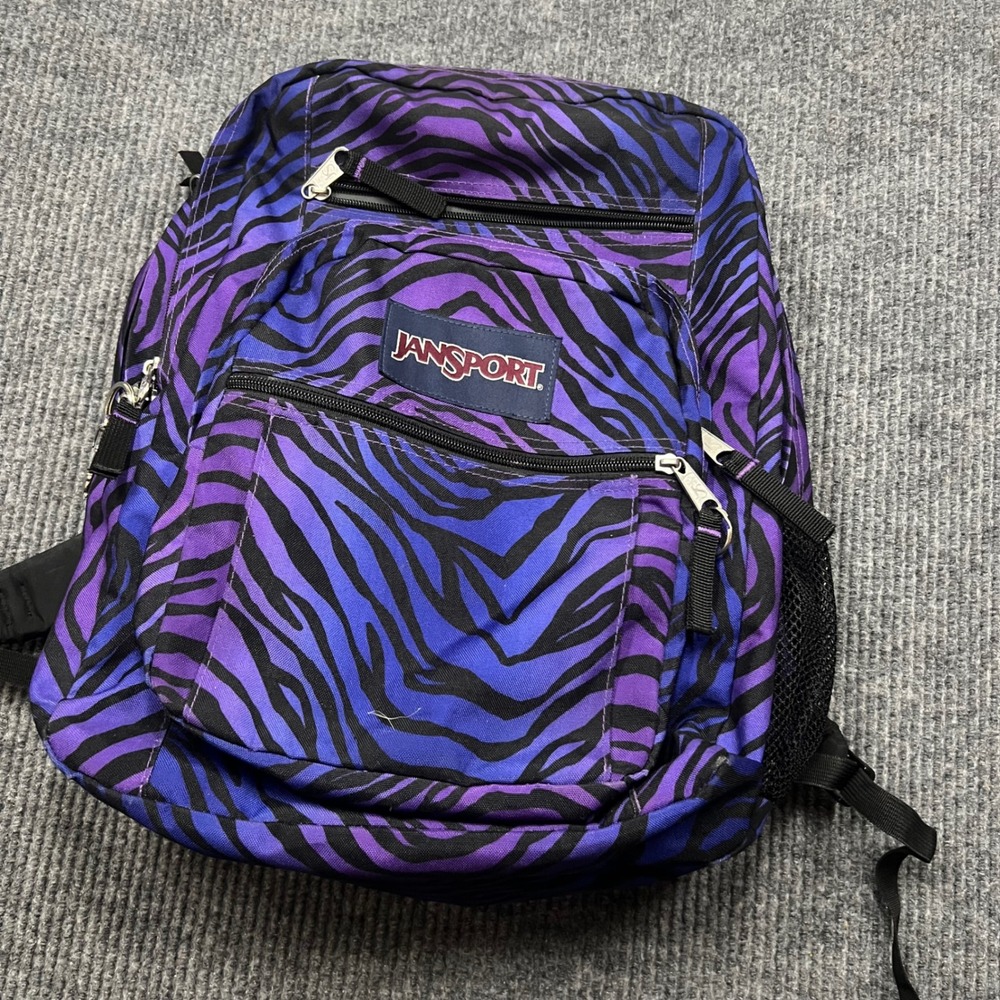 JanSport Backpack Purple Blue Zebra Print School Bag Padded Straps Y2K Style